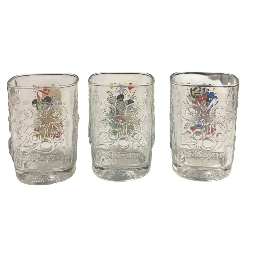 Disney World 2000 Celebration McDonalds Mickey‎ Mouse Glass Mugs Set of 3 Clear